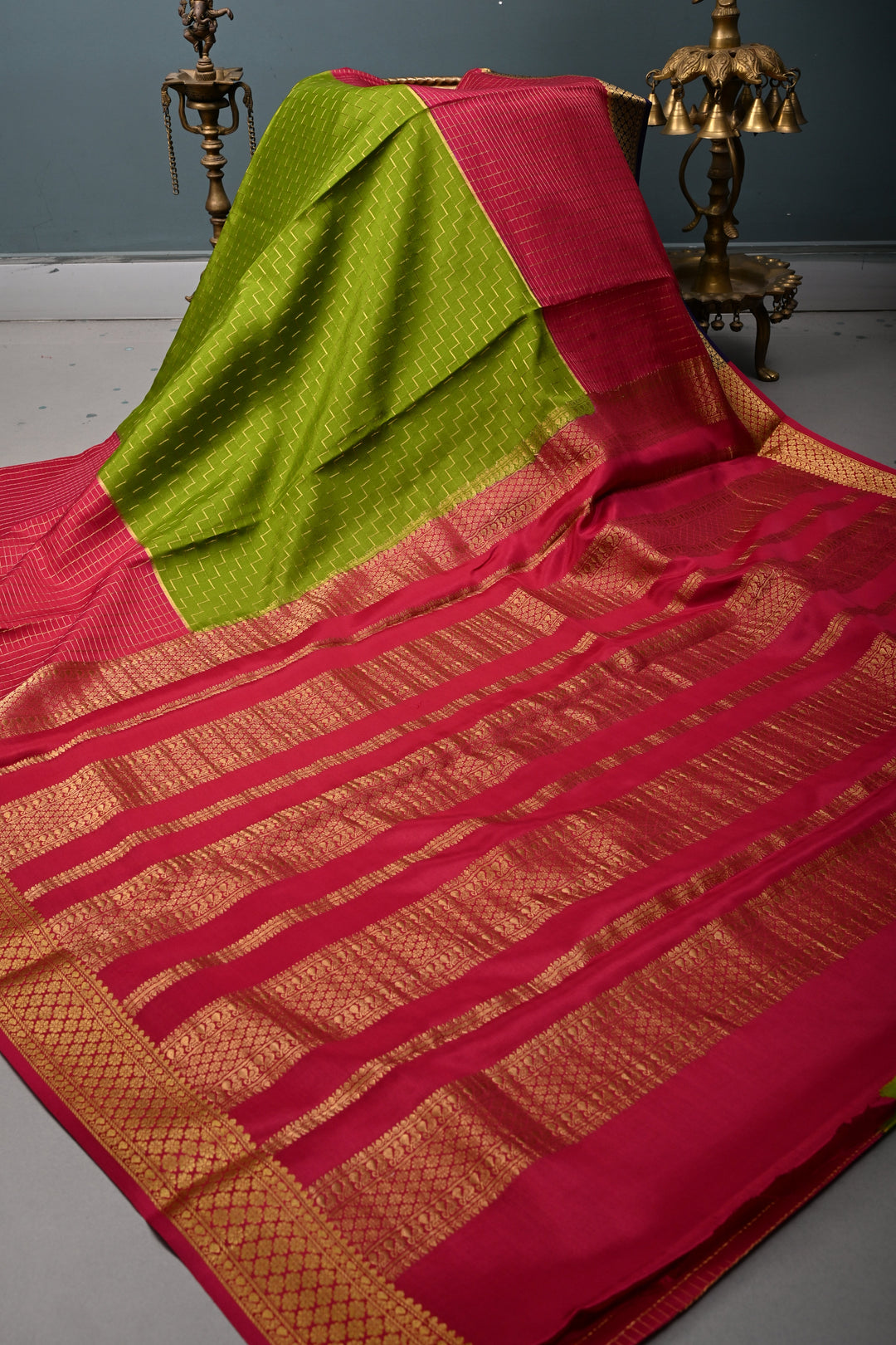 Sap Green Zari Chevron Pattern on Pure Mysore Silk Saree with Pink Checked Panel and Contrast Zari Border in KSIC Grade Thickness | SILK MARK CERTIFIED