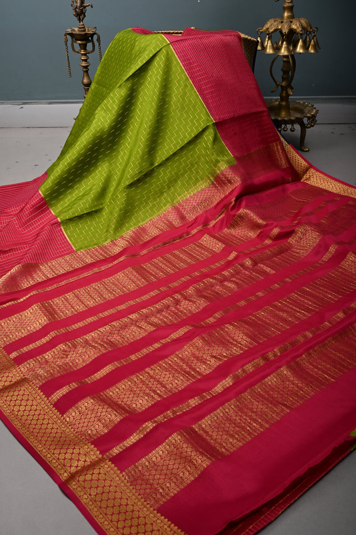 Sap Green Zari Chevron Pattern on Pure Mysore Silk Saree with Pink Checked Panel and Contrast Zari Border in KSIC Grade Thickness | SILK MARK CERTIFIED