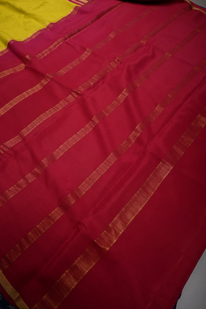 Moss Green Pure Mysore Silk Saree with Chunri Buttis and Contrast Ink Purple WideZari Border  | SILK MARK CERTIFIED | SHOBITAM