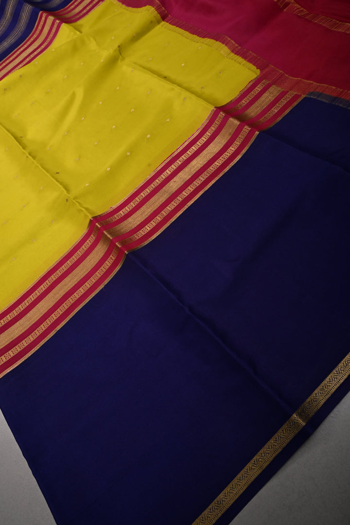 Moss Green Pure Mysore Silk Saree with Chunri Buttis and Contrast Ink Purple WideZari Border  | SILK MARK CERTIFIED | SHOBITAM