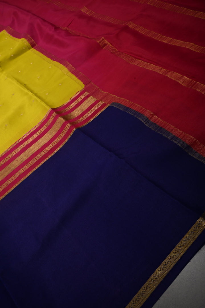 Moss Green Pure Mysore Silk Saree with Chunri Buttis and Contrast Ink Purple WideZari Border  | SILK MARK CERTIFIED | SHOBITAM