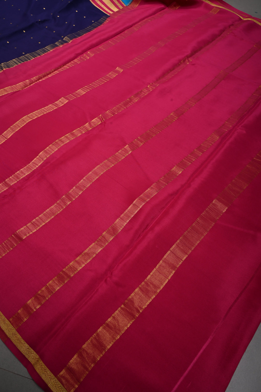 Ink Purple Pure Mysore Silk Saree with Chunri Buttis and Contrast Cyan Wide Zari Border  | SILK MARK CERTIFIED | SHOBITAM