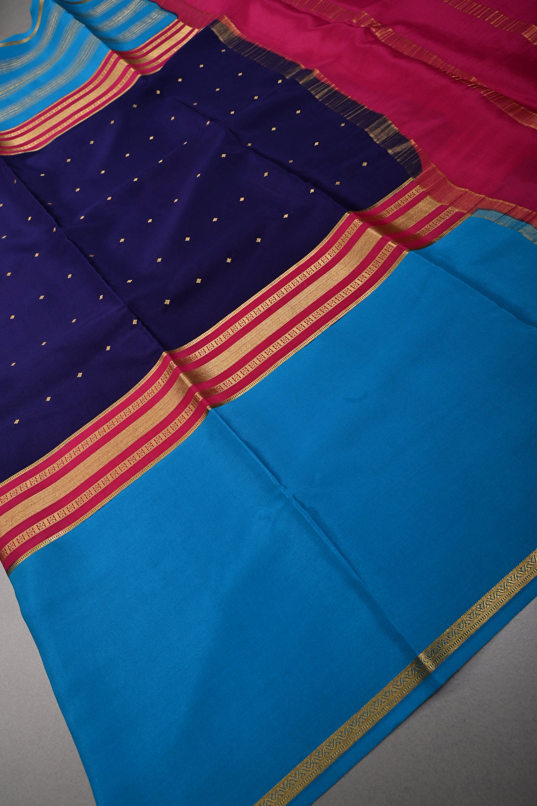 Ink Purple Pure Mysore Silk Saree with Chunri Buttis and Contrast Cyan Wide Zari Border  | SILK MARK CERTIFIED | SHOBITAM