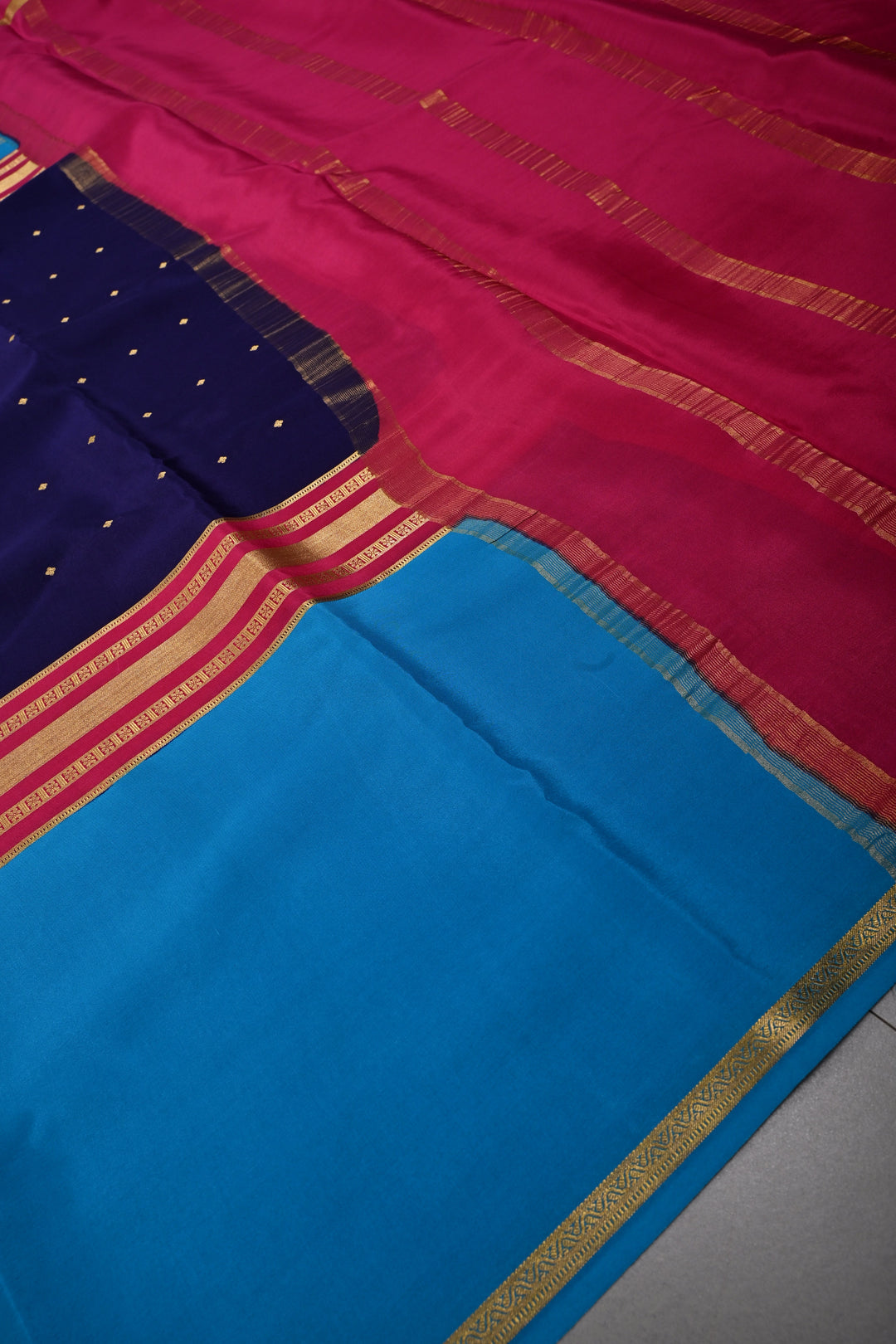 Ink Purple Pure Mysore Silk Saree with Chunri Buttis and Contrast Cyan Wide Zari Border  | SILK MARK CERTIFIED | SHOBITAM