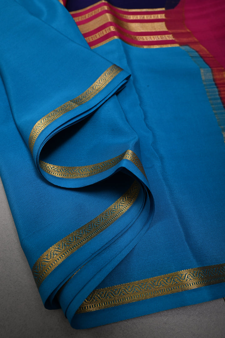 Ink Purple Pure Mysore Silk Saree with Chunri Buttis and Contrast Cyan Wide Zari Border  | SILK MARK CERTIFIED | SHOBITAM