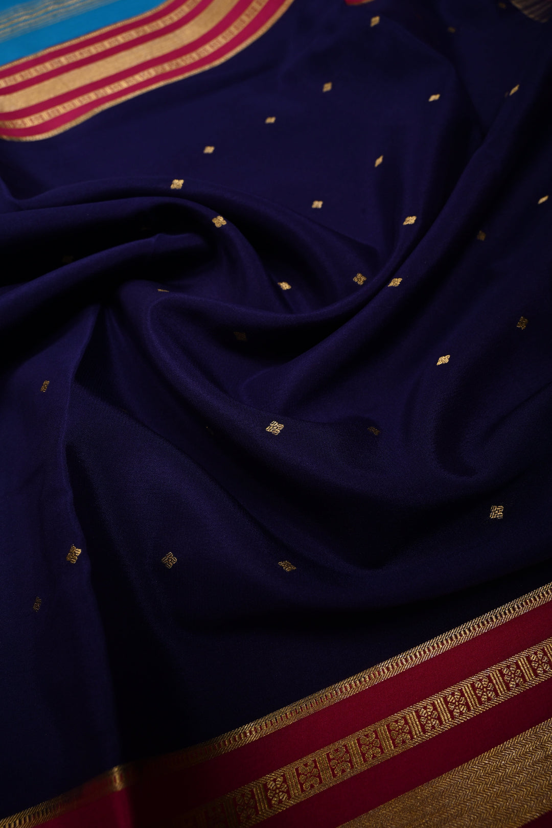 Ink Purple Pure Mysore Silk Saree with Chunri Buttis and Contrast Cyan Wide Zari Border  | SILK MARK CERTIFIED | SHOBITAM