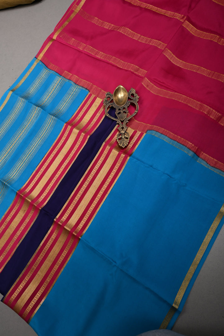 Ink Purple Pure Mysore Silk Saree with Chunri Buttis and Contrast Cyan Wide Zari Border  | SILK MARK CERTIFIED | SHOBITAM