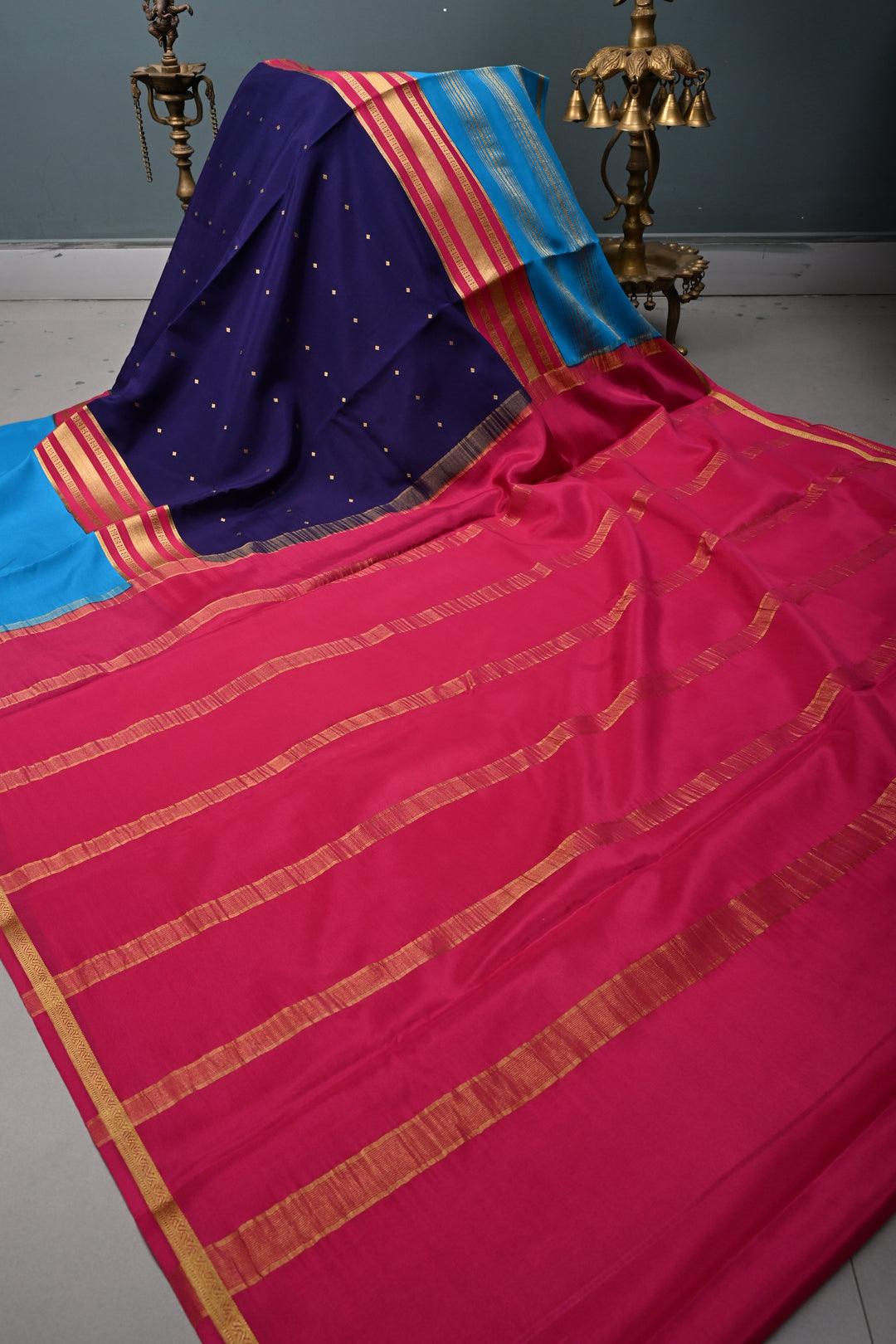 Ink Purple Pure Mysore Silk Saree with Chunri Buttis and Contrast Cyan Wide Zari Border  | SILK MARK CERTIFIED | SHOBITAM