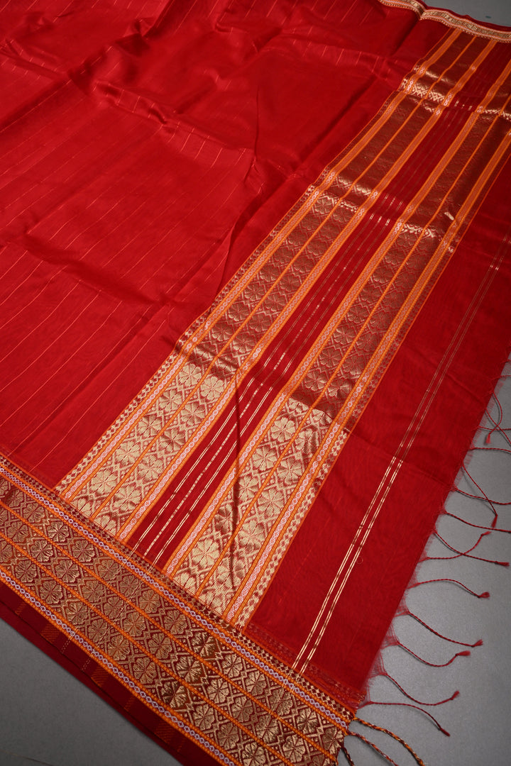 Red Handwoven Maheshwari Silk Cotton Saree with Muted Stripes and Zari Borders | SHOBITAM