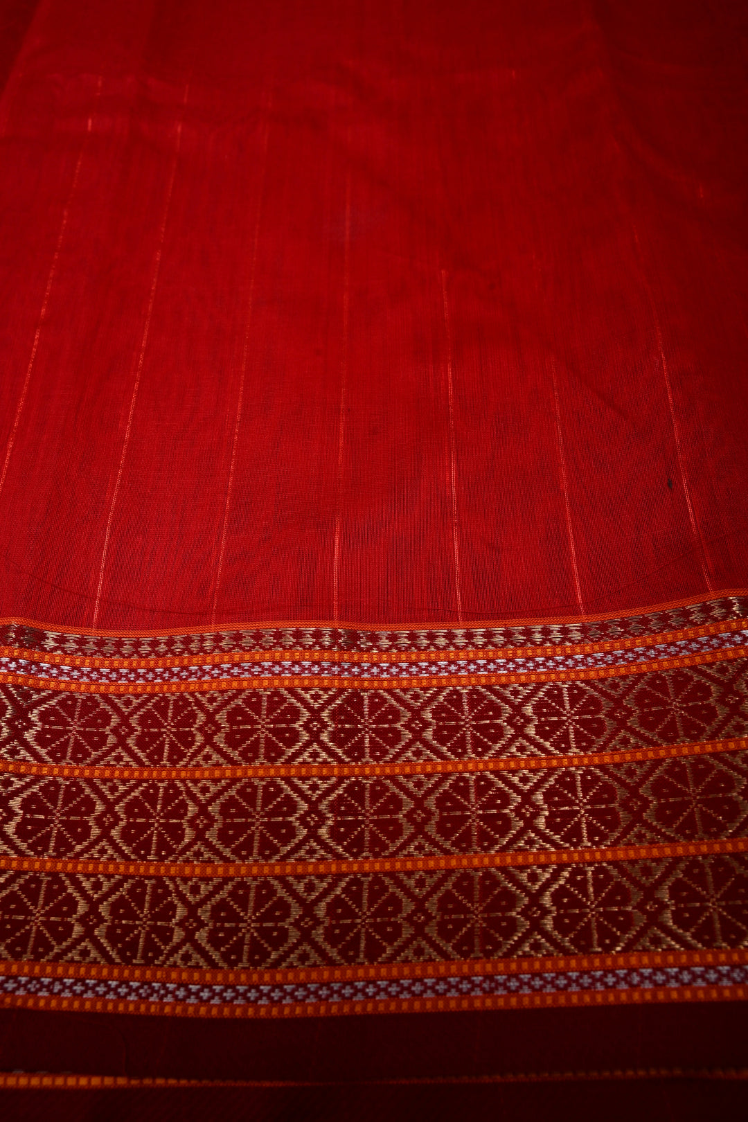 Red Handwoven Maheshwari Silk Cotton Saree with Muted Stripes and Zari Borders | SHOBITAM