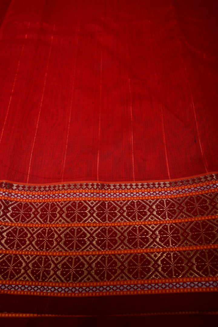 Red Handwoven Maheshwari Silk Cotton Saree with Muted Stripes and Zari Borders | SHOBITAM