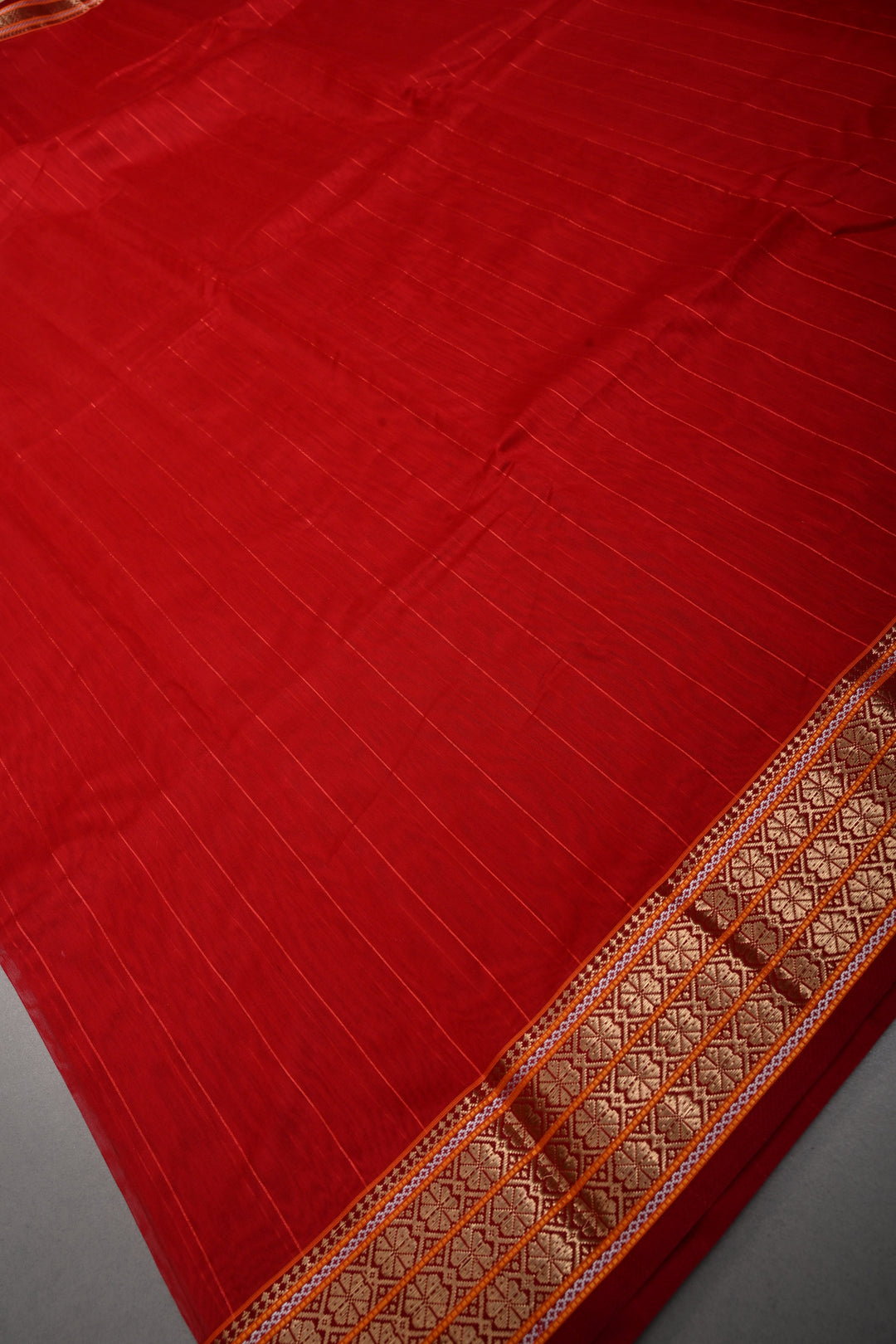 Red Handwoven Maheshwari Silk Cotton Saree with Muted Stripes and Zari Borders | SHOBITAM