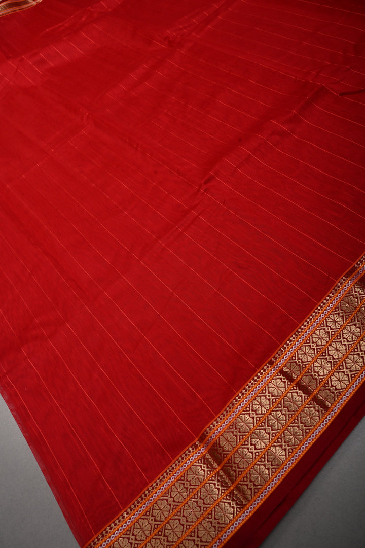 Red Handwoven Maheshwari Silk Cotton Saree with Muted Stripes and Zari Borders | SHOBITAM