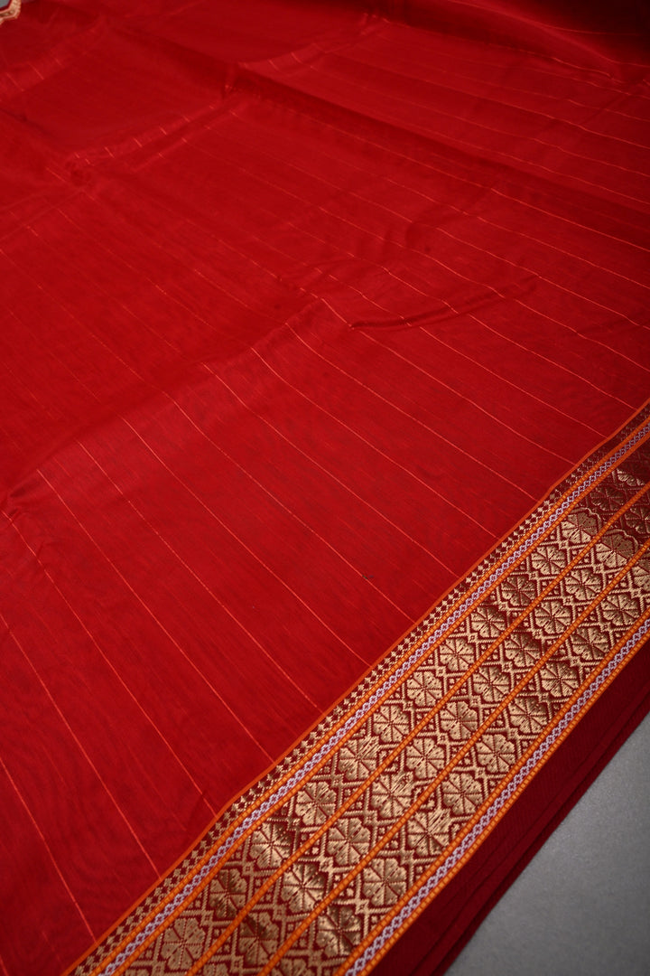 Red Handwoven Maheshwari Silk Cotton Saree with Muted Stripes and Zari Borders | SHOBITAM