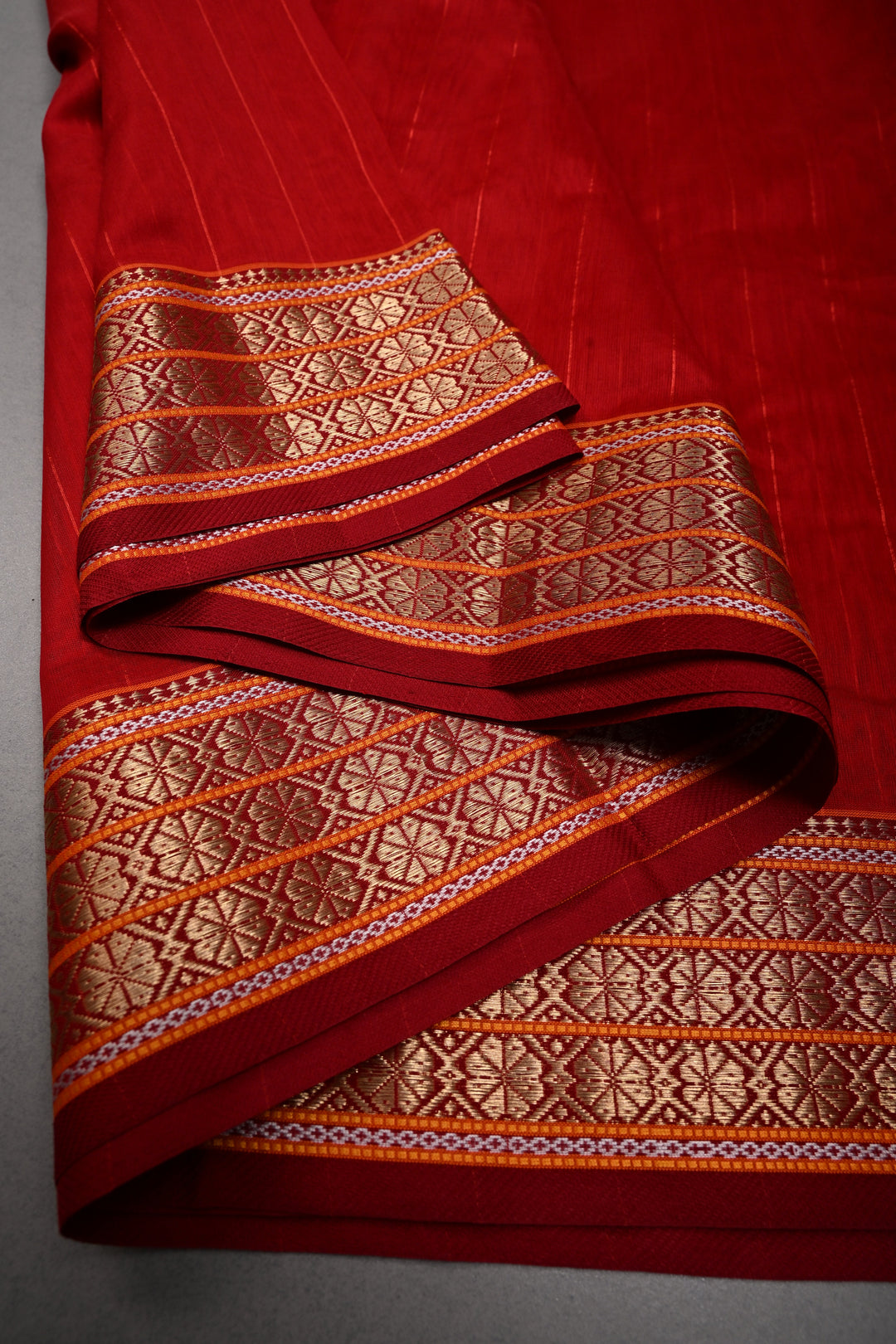 Red Handwoven Maheshwari Silk Cotton Saree with Muted Stripes and Zari Borders | SHOBITAM