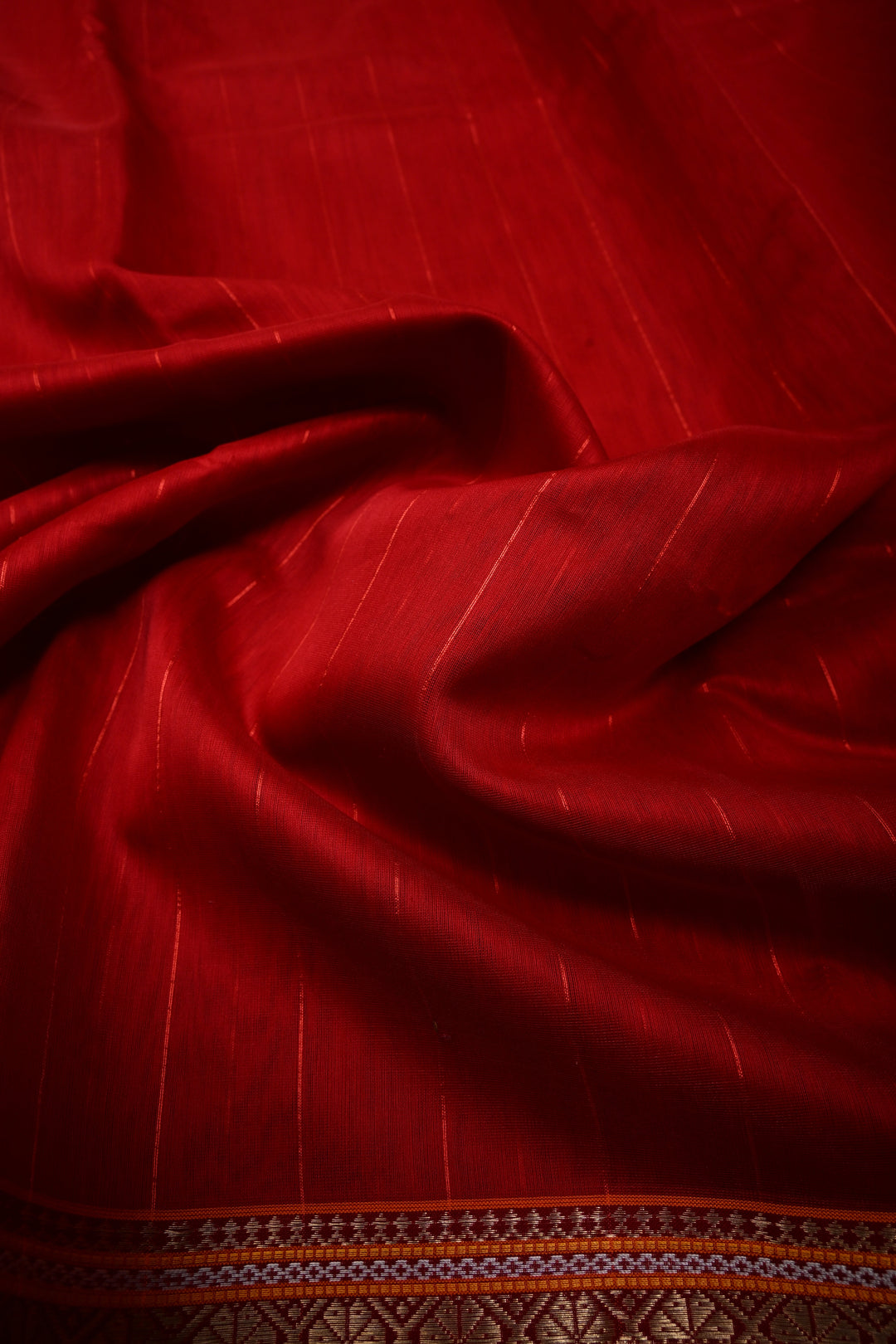 Red Handwoven Maheshwari Silk Cotton Saree with Muted Stripes and Zari Borders | SHOBITAM