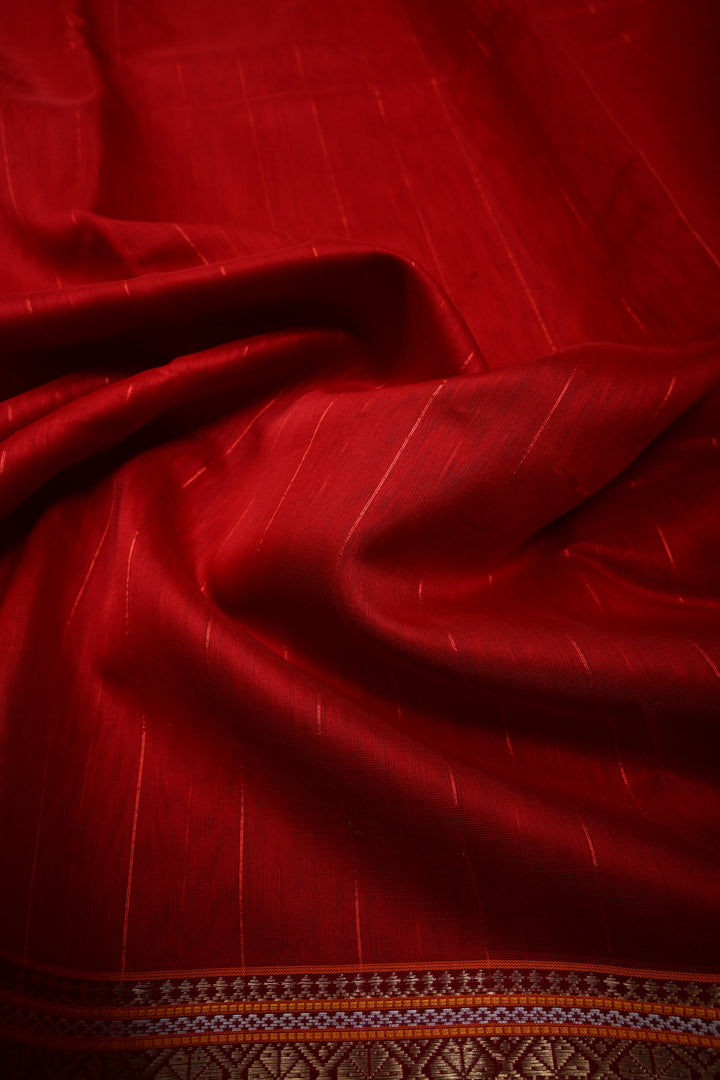Red Handwoven Maheshwari Silk Cotton Saree with Muted Stripes and Zari Borders | SHOBITAM