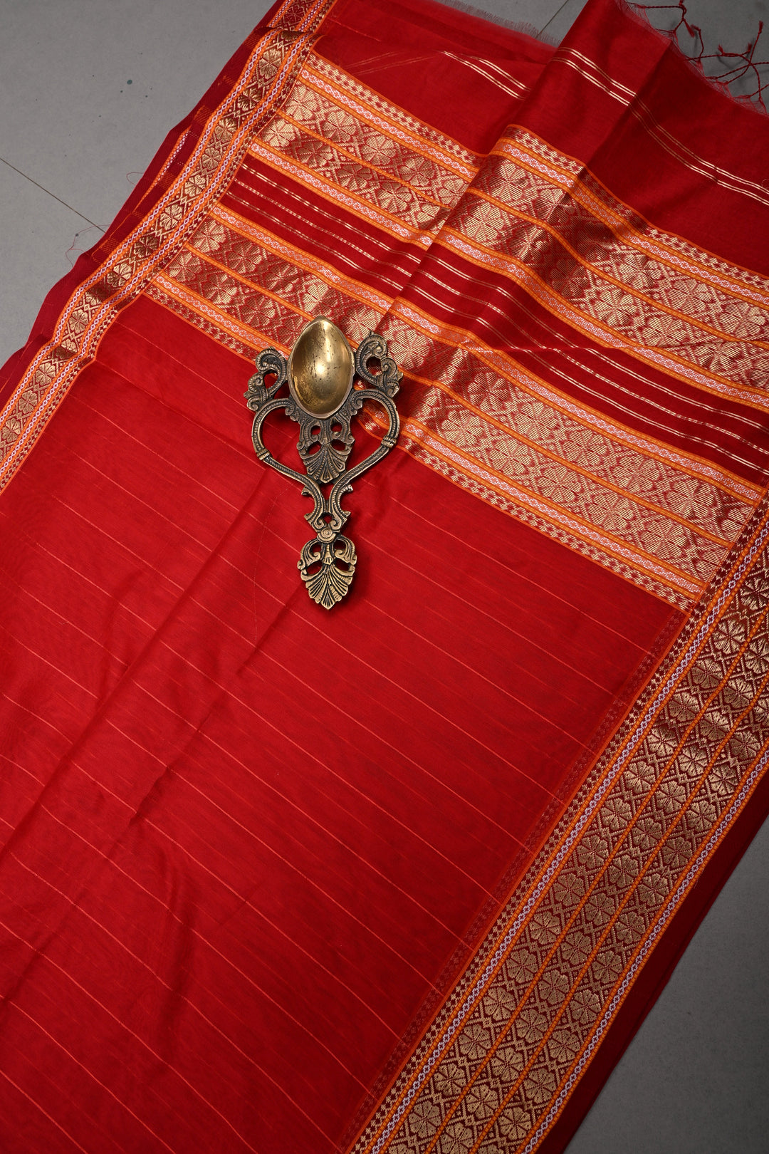Red Handwoven Maheshwari Silk Cotton Saree with Muted Stripes and Zari Borders | SHOBITAM