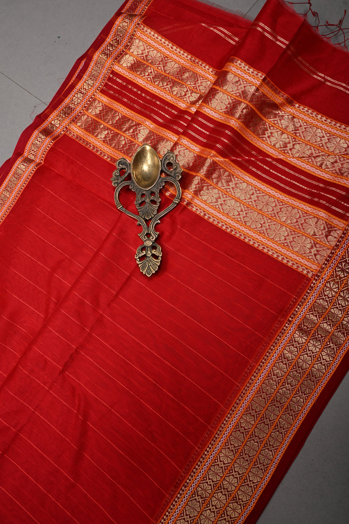 Red Handwoven Maheshwari Silk Cotton Saree with Muted Stripes and Zari Borders | SHOBITAM