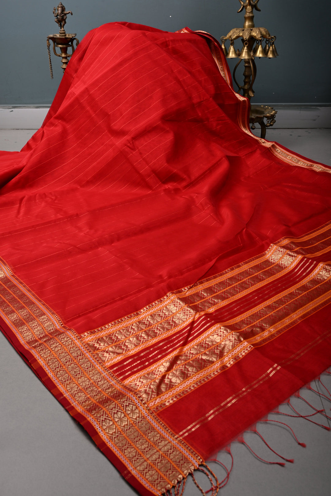 Red Handwoven Maheshwari Silk Cotton Saree with Muted Stripes and Zari Borders | SHOBITAM
