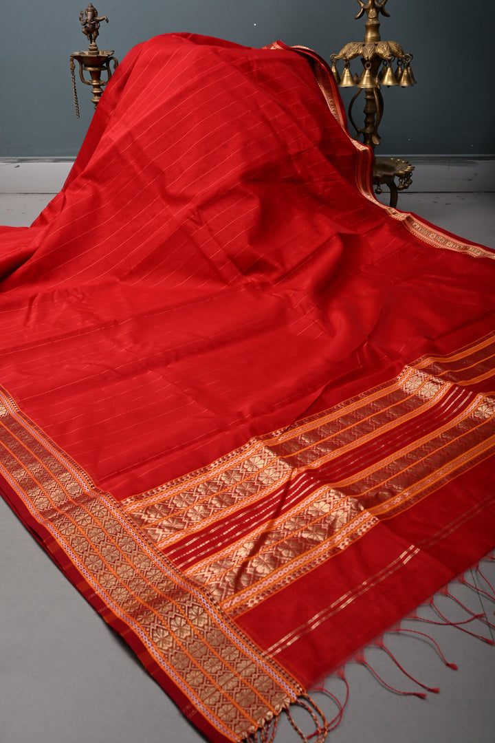 Red Handwoven Maheshwari Silk Cotton Saree with Muted Stripes and Zari Borders | SHOBITAM