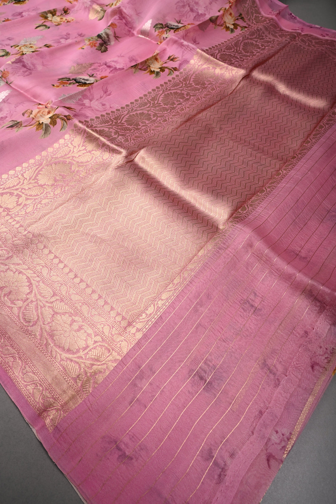 Rose Pink Floral Digital Print on Pure Banarasi Kora Organza Silk Saree with Sona Rupa Zari Buttas and Zari Border | SILK MARK CERTIFIED | SHOBITAM