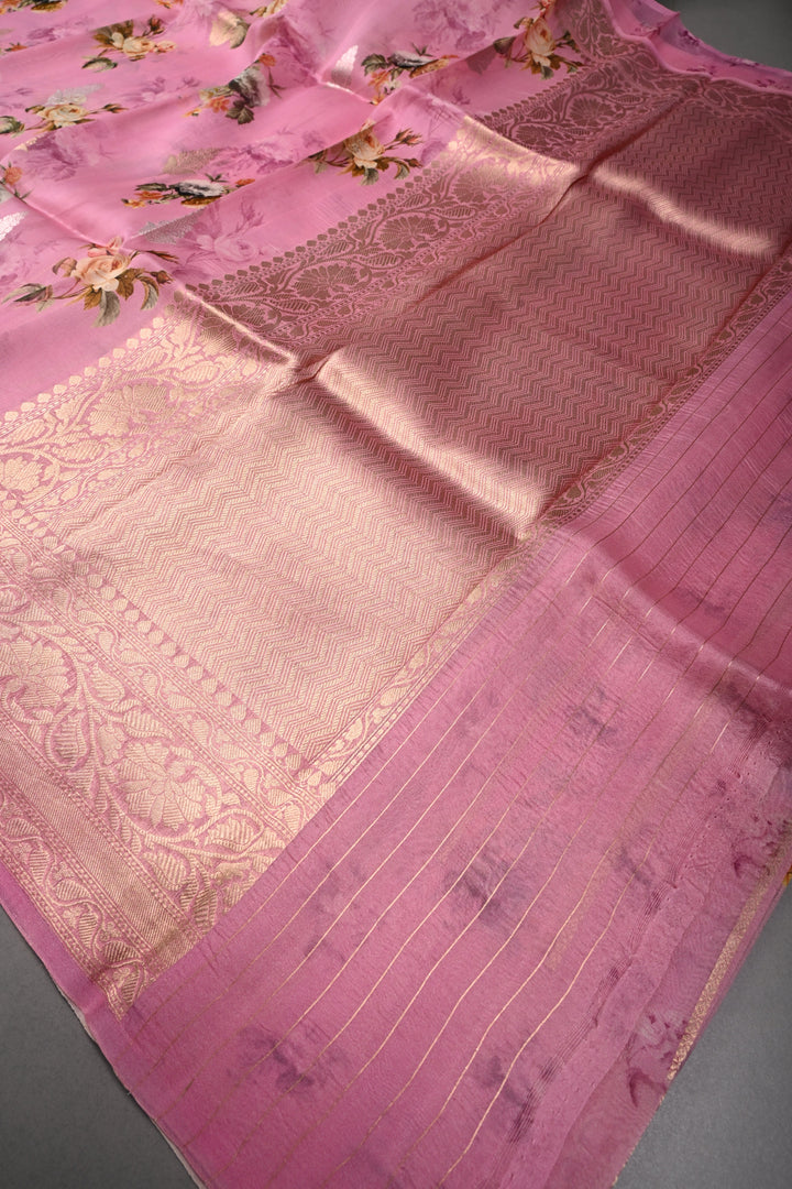 Rose Pink Floral Digital Print on Pure Banarasi Kora Organza Silk Saree with Sona Rupa Zari Buttas and Zari Border | SILK MARK CERTIFIED | SHOBITAM