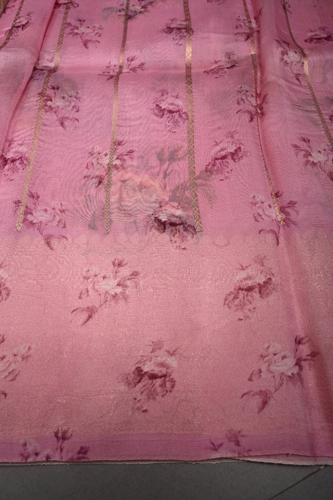 Rose Pink Floral Digital Print on Pure Banarasi Kora Organza Silk Saree with Sona Rupa Zari Buttas and Zari Border | SILK MARK CERTIFIED | SHOBITAM