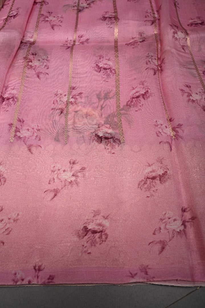 Rose Pink Floral Digital Print on Pure Banarasi Kora Organza Silk Saree with Sona Rupa Zari Buttas and Zari Border | SILK MARK CERTIFIED | SHOBITAM