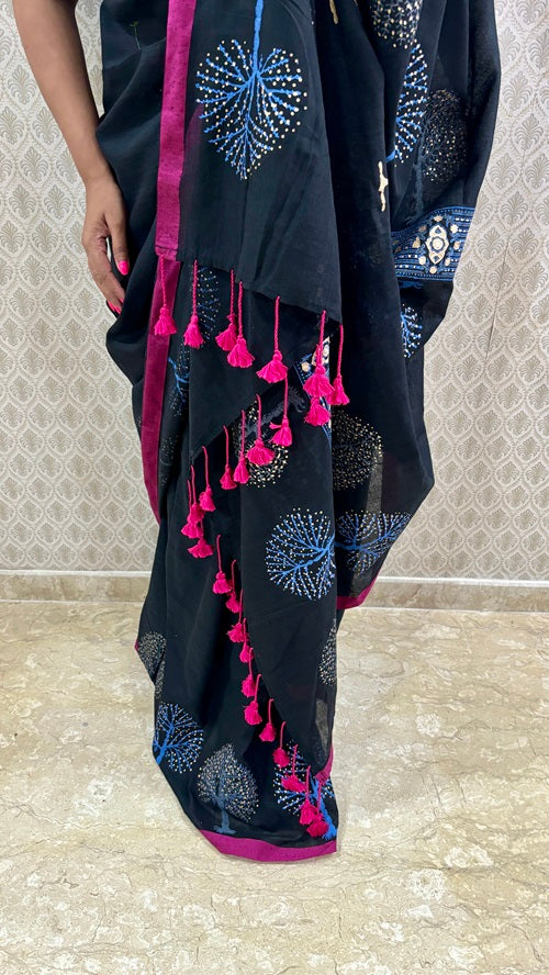 Tree Of Life Handblock Cotton Saree | SHOBITAM