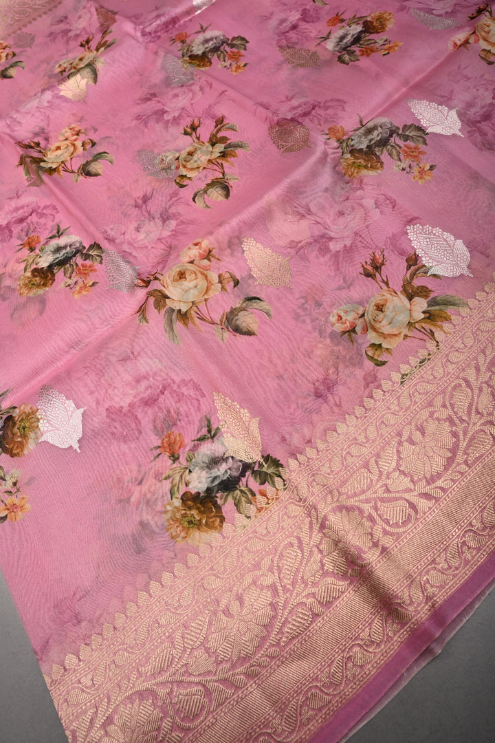 Rose Pink Floral Digital Print on Pure Banarasi Kora Organza Silk Saree with Sona Rupa Zari Buttas and Zari Border | SILK MARK CERTIFIED | SHOBITAM