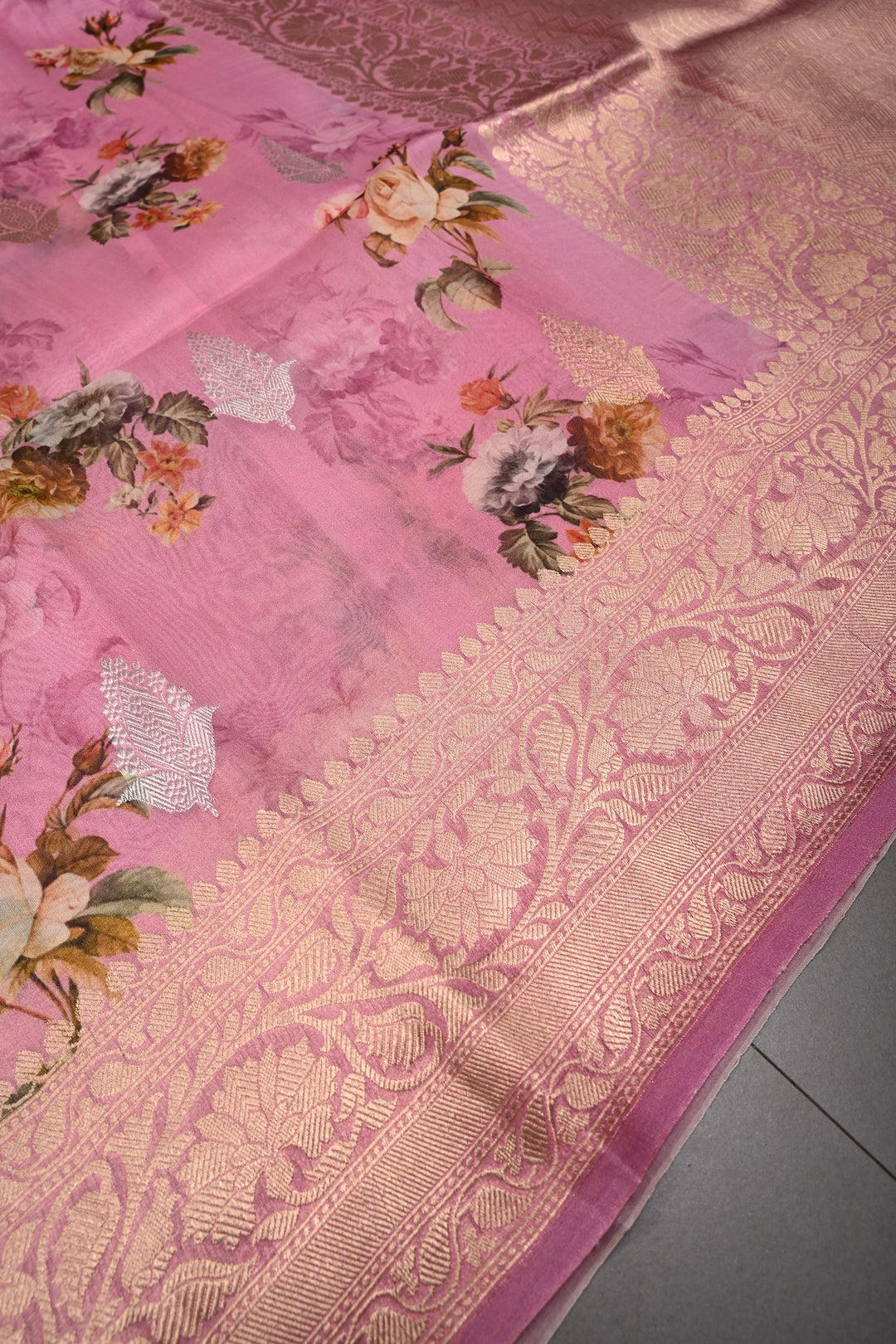 Rose Pink Floral Digital Print on Pure Banarasi Kora Organza Silk Saree with Sona Rupa Zari Buttas and Zari Border | SILK MARK CERTIFIED | SHOBITAM