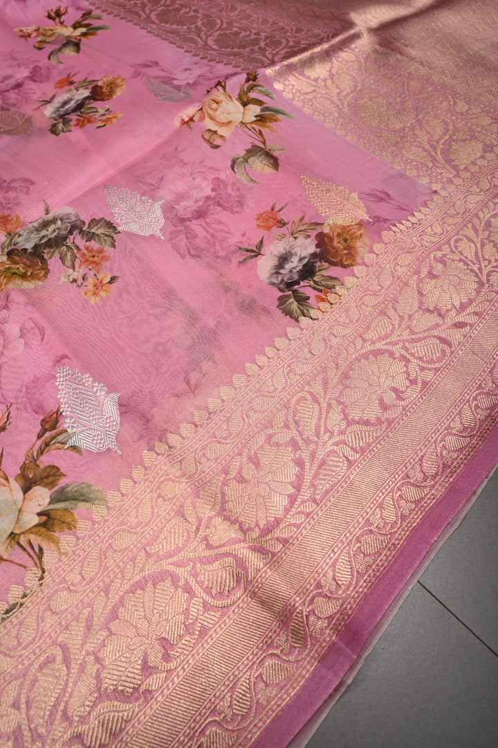 Rose Pink Floral Digital Print on Pure Banarasi Kora Organza Silk Saree with Sona Rupa Zari Buttas and Zari Border | SILK MARK CERTIFIED | SHOBITAM