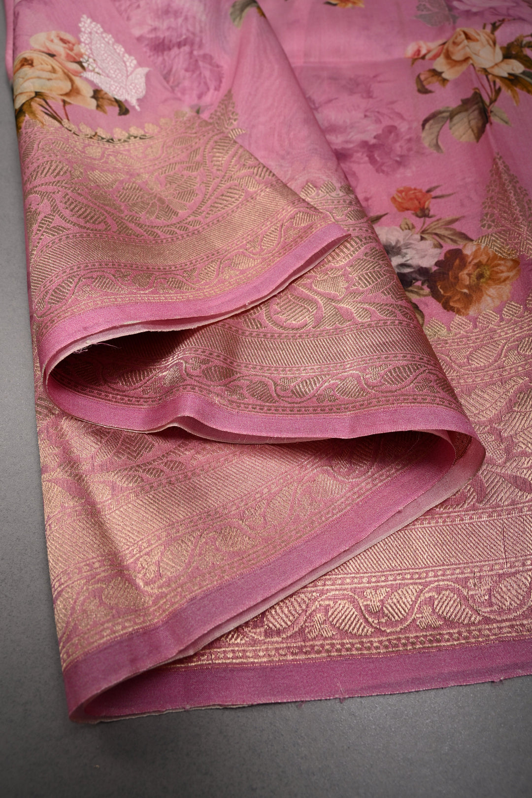 Rose Pink Floral Digital Print on Pure Banarasi Kora Organza Silk Saree with Sona Rupa Zari Buttas and Zari Border | SILK MARK CERTIFIED | SHOBITAM