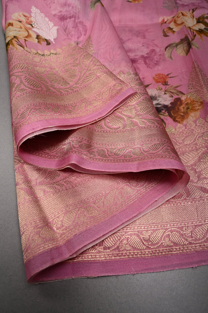 Rose Pink Floral Digital Print on Pure Banarasi Kora Organza Silk Saree with Sona Rupa Zari Buttas and Zari Border | SILK MARK CERTIFIED | SHOBITAM
