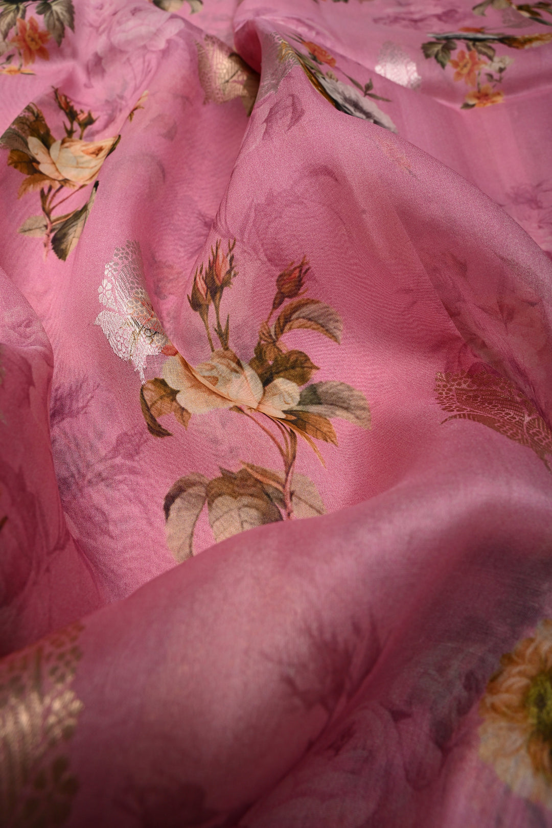 Rose Pink Floral Digital Print on Pure Banarasi Kora Organza Silk Saree with Sona Rupa Zari Buttas and Zari Border | SILK MARK CERTIFIED | SHOBITAM