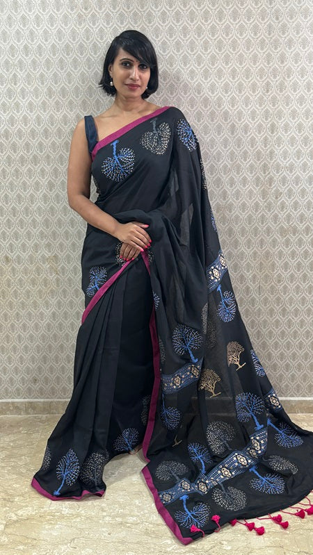 Tree Of Life Handblock Cotton Saree | SHOBITAM