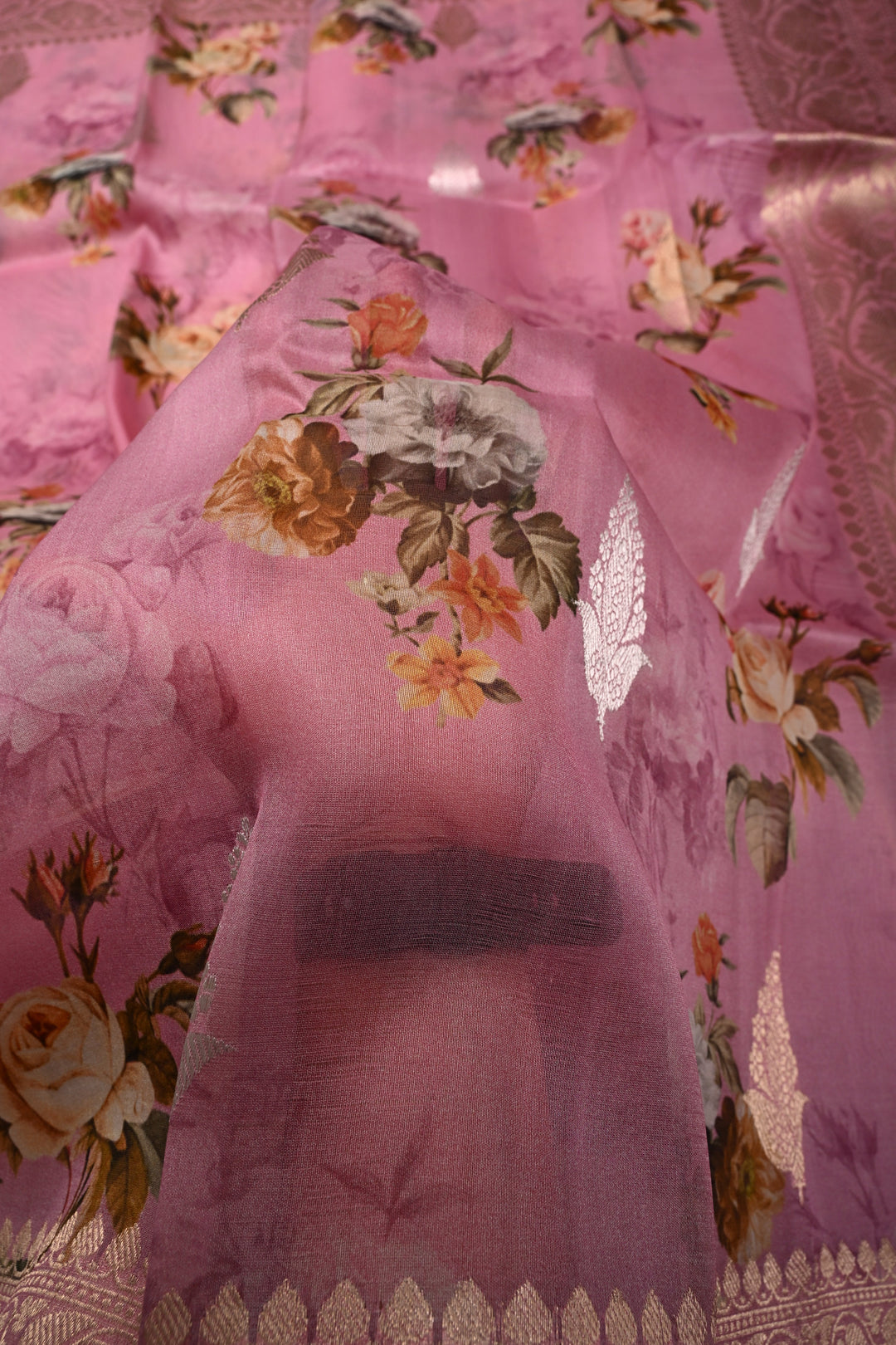 Rose Pink Floral Digital Print on Pure Banarasi Kora Organza Silk Saree with Sona Rupa Zari Buttas and Zari Border | SILK MARK CERTIFIED | SHOBITAM