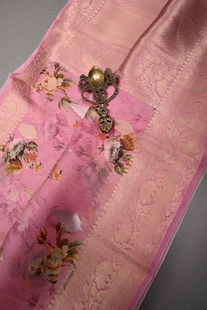 Rose Pink Floral Digital Print on Pure Banarasi Kora Organza Silk Saree with Sona Rupa Zari Buttas and Zari Border | SILK MARK CERTIFIED | SHOBITAM