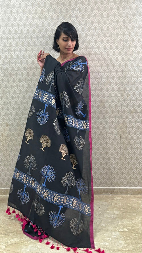 Tree Of Life Handblock Cotton Saree | SHOBITAM