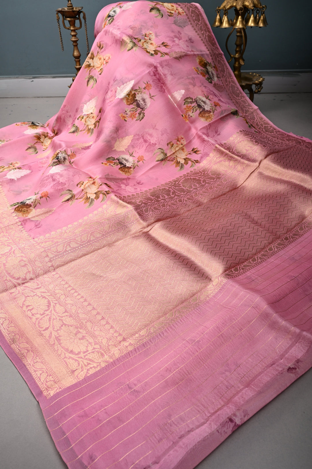 Rose Pink Floral Digital Print on Pure Banarasi Kora Organza Silk Saree with Sona Rupa Zari Buttas and Zari Border | SILK MARK CERTIFIED | SHOBITAM
