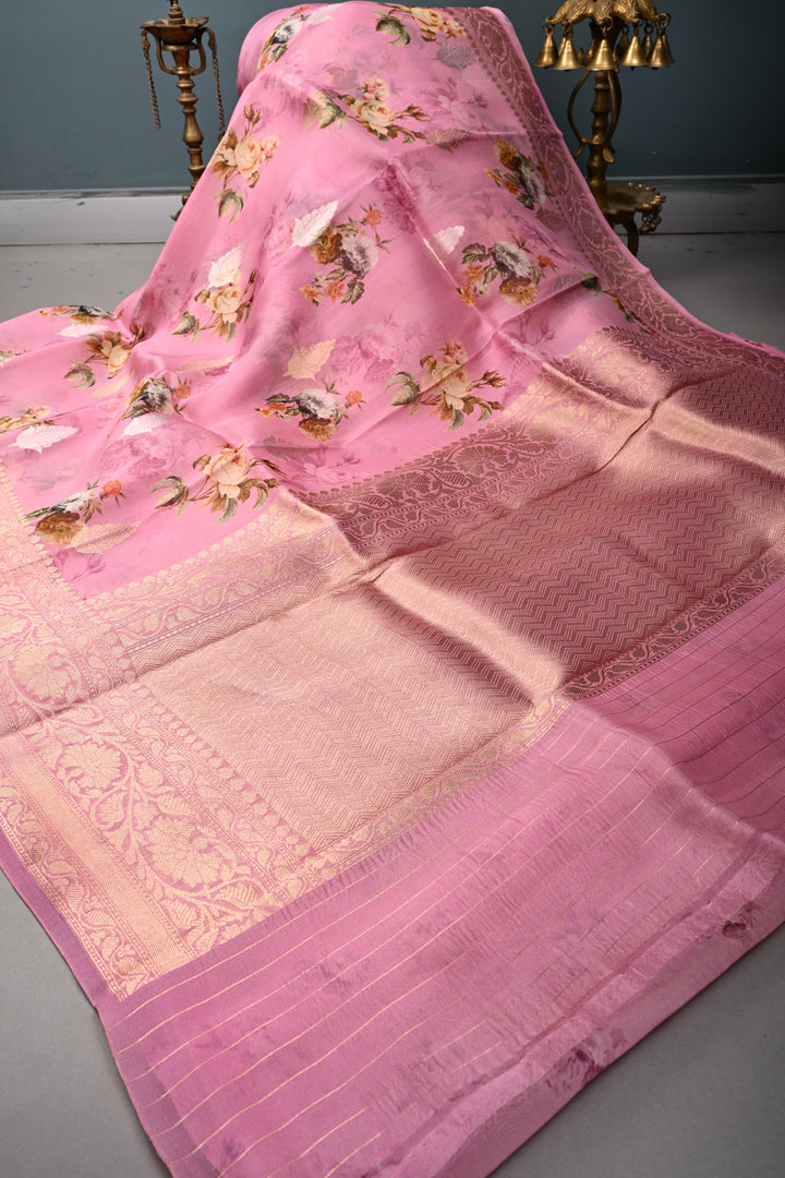 Rose Pink Floral Digital Print on Pure Banarasi Kora Organza Silk Saree with Sona Rupa Zari Buttas and Zari Border | SILK MARK CERTIFIED | SHOBITAM