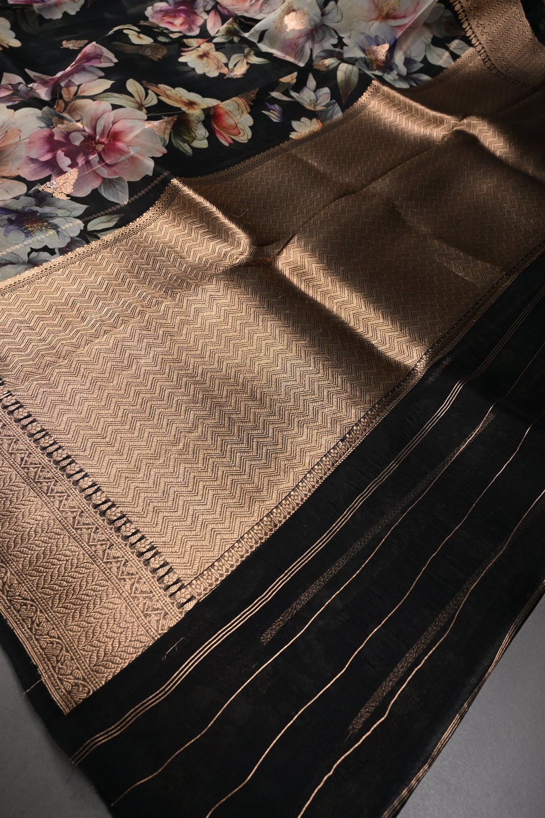 Black Floral Digital Print on Pure Banarasi Kora Organza Silk Saree with Alfi Zari Buttas and Zari Border | SILK MARK CERTIFIED | SHOBITAM