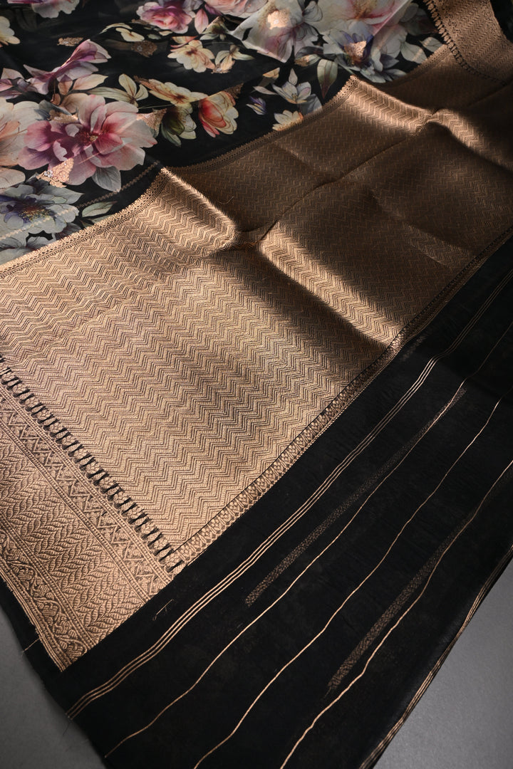 Black Floral Digital Print on Pure Banarasi Kora Organza Silk Saree with Alfi Zari Buttas and Zari Border | SILK MARK CERTIFIED | SHOBITAM
