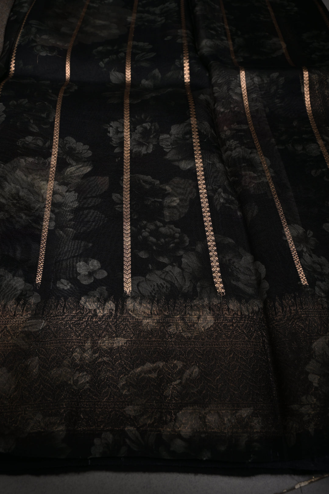 Black Floral Digital Print on Pure Banarasi Kora Organza Silk Saree with Alfi Zari Buttas and Zari Border | SILK MARK CERTIFIED | SHOBITAM
