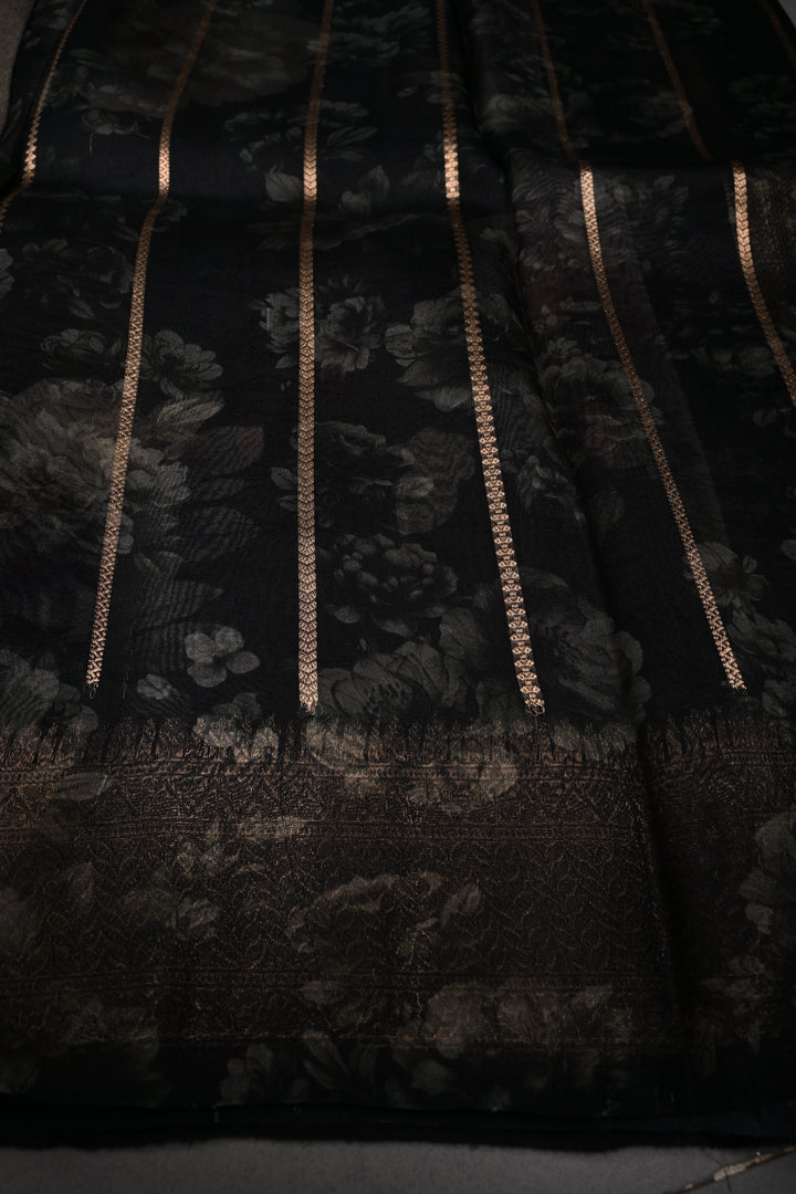 Black Floral Digital Print on Pure Banarasi Kora Organza Silk Saree with Alfi Zari Buttas and Zari Border | SILK MARK CERTIFIED | SHOBITAM