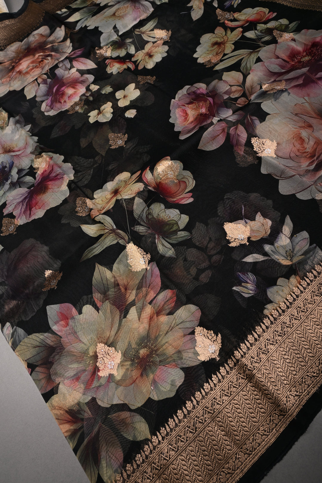 Black Floral Digital Print on Pure Banarasi Kora Organza Silk Saree with Alfi Zari Buttas and Zari Border | SILK MARK CERTIFIED | SHOBITAM