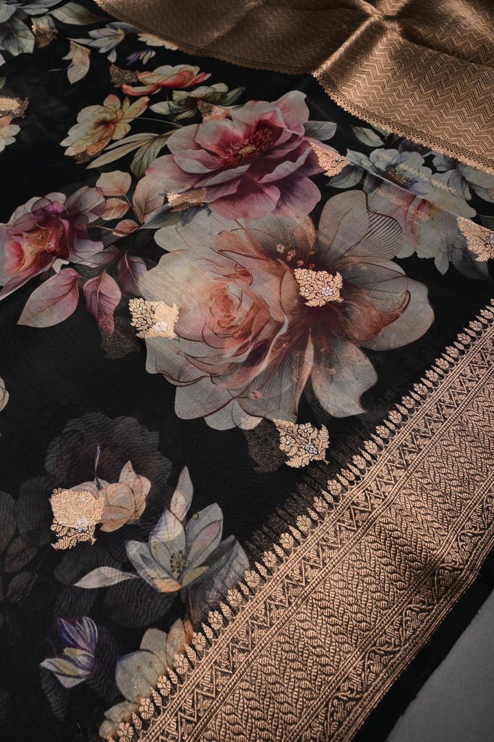 Black Floral Digital Print on Pure Banarasi Kora Organza Silk Saree with Alfi Zari Buttas and Zari Border | SILK MARK CERTIFIED | SHOBITAM