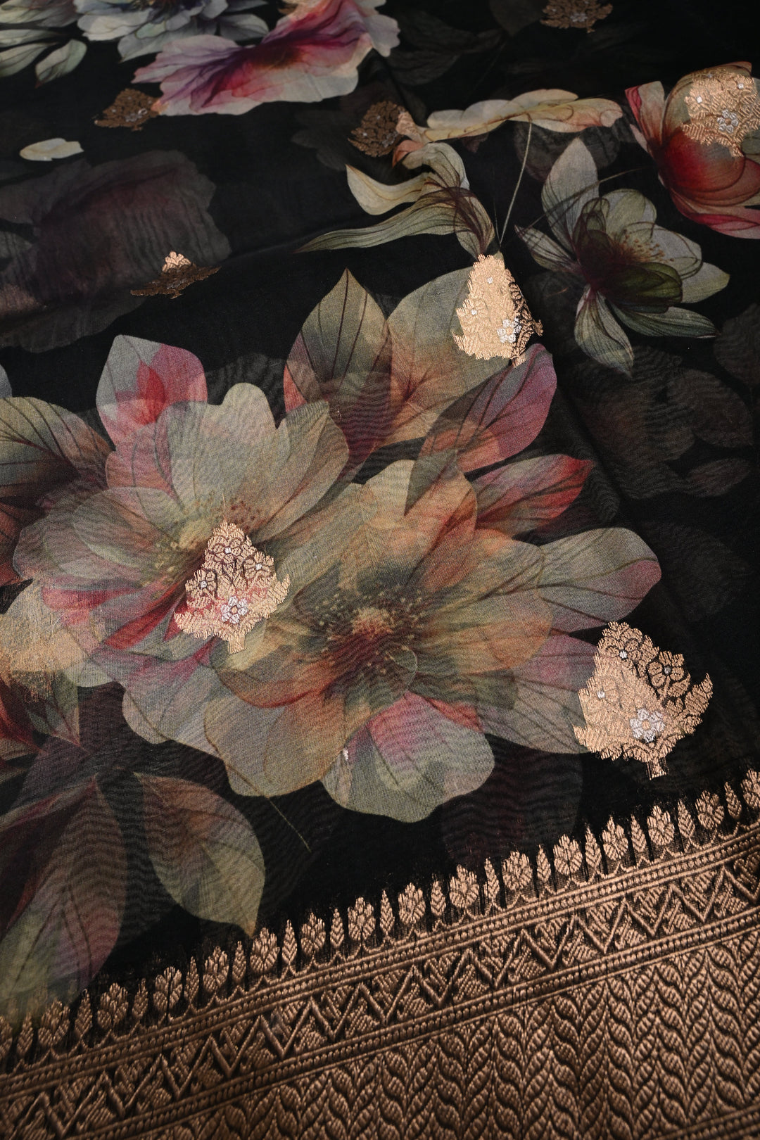 Black Floral Digital Print on Pure Banarasi Kora Organza Silk Saree with Alfi Zari Buttas and Zari Border | SILK MARK CERTIFIED | SHOBITAM