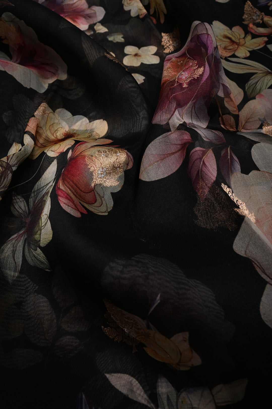 Black Floral Digital Print on Pure Banarasi Kora Organza Silk Saree with Alfi Zari Buttas and Zari Border | SILK MARK CERTIFIED | SHOBITAM